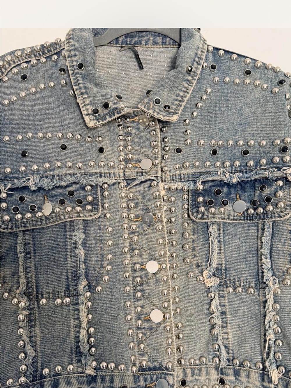 Women's Light Blue Studded Denim Jacket - Designer Style